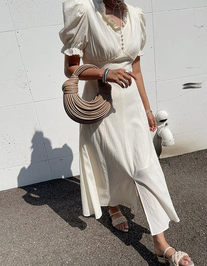 Vネックフリルスリットワンピース