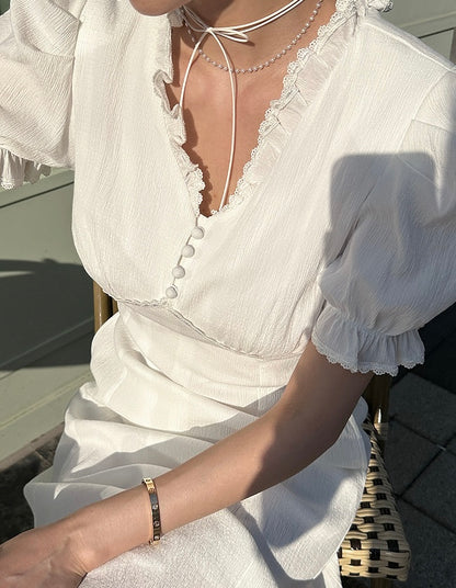 Vネックフリルスリットワンピース