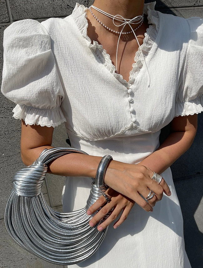 Vネックフリルスリットワンピース