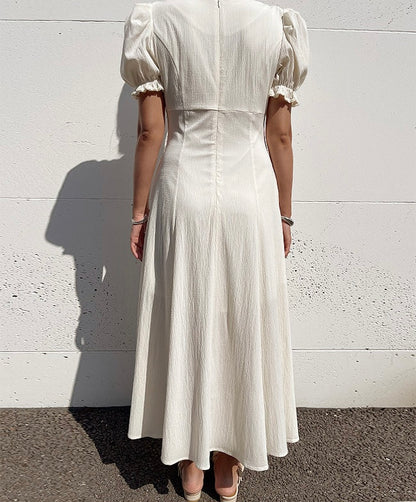 Vネックフリルスリットワンピース