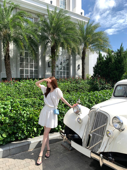 Versatile Lace-up Blouse + High-waisted Spliced Lace Skirt Set