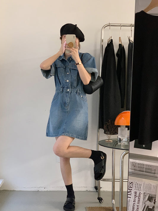 翻領收腰A字牛仔連身裙