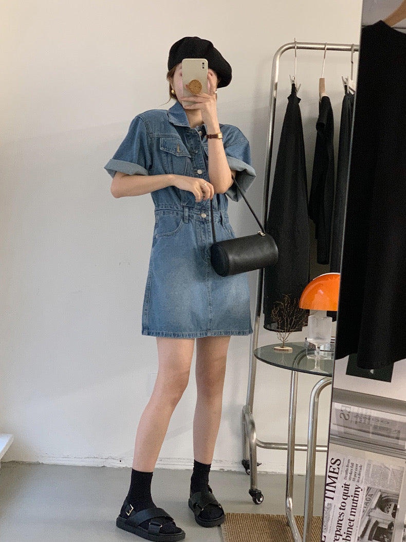 翻領收腰A字牛仔連身裙