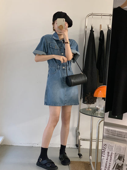 翻領收腰A字牛仔連身裙