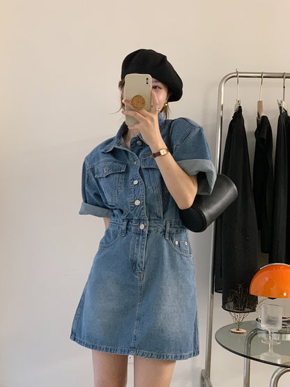 翻領收腰A字牛仔連身裙