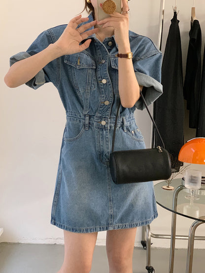 翻領收腰A字牛仔連身裙