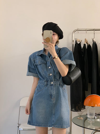 翻領收腰A字牛仔連身裙