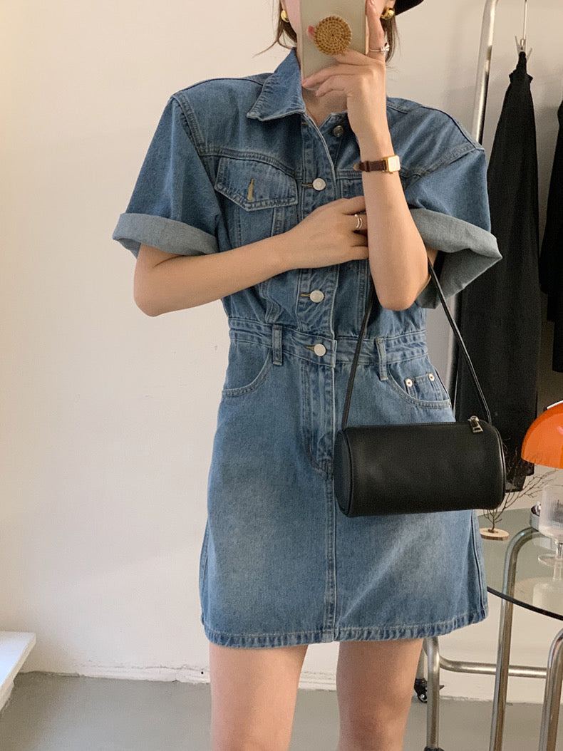 翻領收腰A字牛仔連身裙