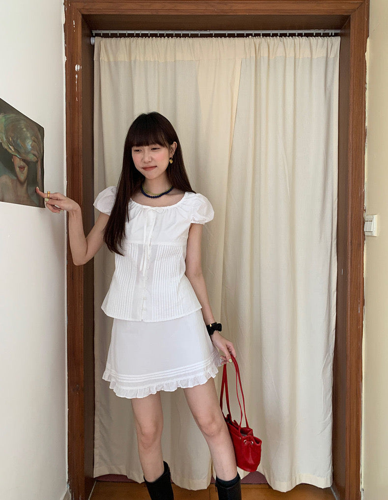 Pleated Puff Sleeve Blouse + Ruffled Hem Skirt Set