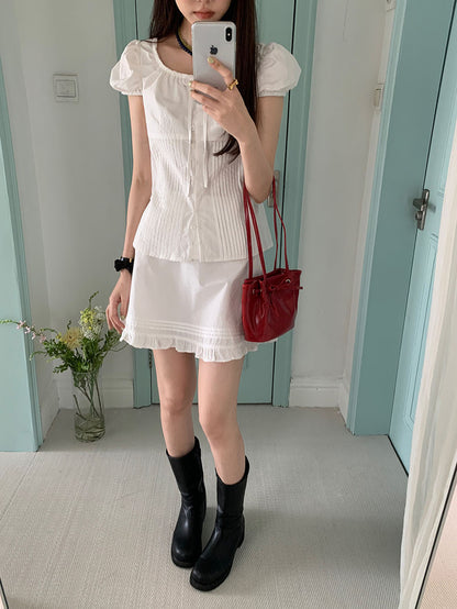 Pleated Puff Sleeve Blouse + Ruffled Hem Skirt Set
