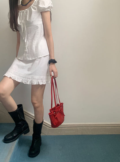 Pleated Puff Sleeve Blouse + Ruffled Hem Skirt Set