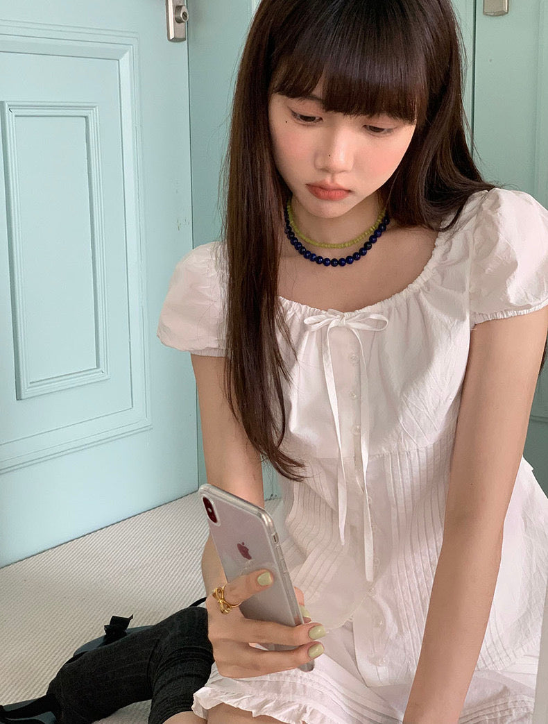 Pleated Puff Sleeve Blouse + Ruffled Hem Skirt Set