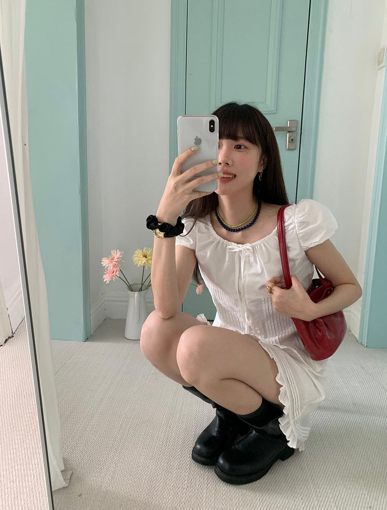 Pleated Puff Sleeve Blouse + Ruffled Hem Skirt Set