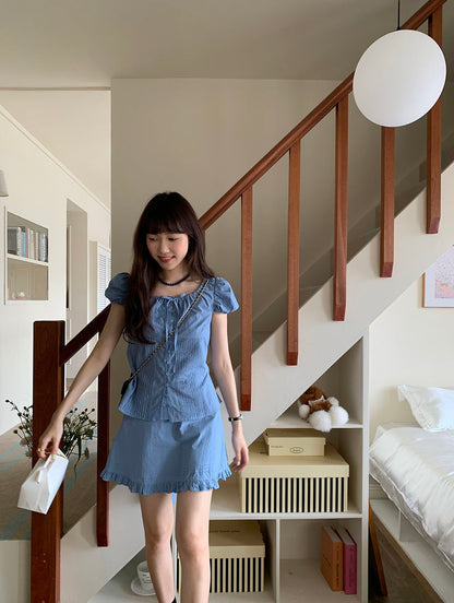 Pleated Puff Sleeve Blouse + Ruffled Hem Skirt Set