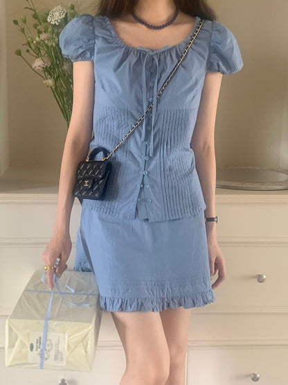 Pleated Puff Sleeve Blouse + Ruffled Hem Skirt Set