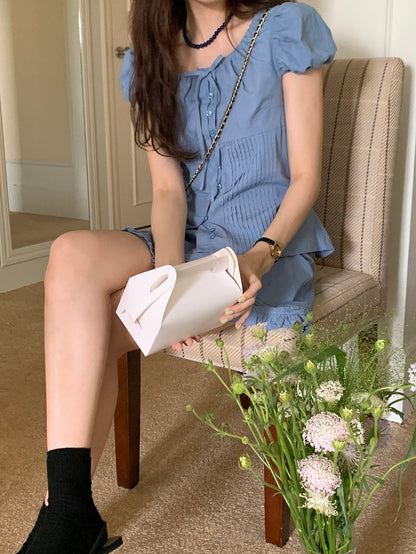 Pleated Puff Sleeve Blouse + Ruffled Hem Skirt Set