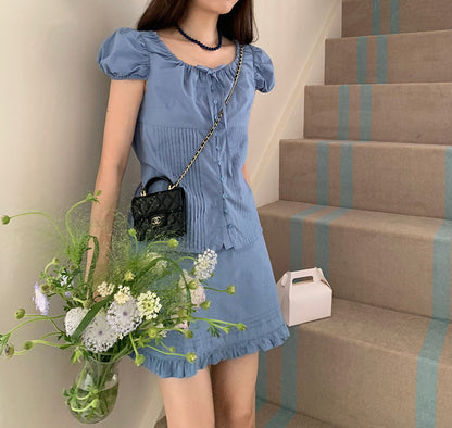 Pleated Puff Sleeve Blouse + Ruffled Hem Skirt Set