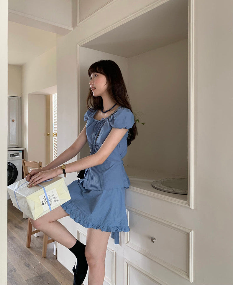 Pleated Puff Sleeve Blouse + Ruffled Hem Skirt Set