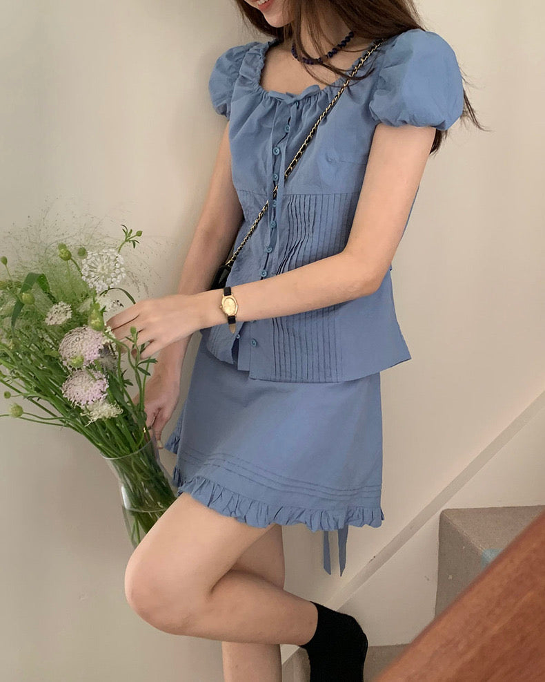 Pleated Puff Sleeve Blouse + Ruffled Hem Skirt Set