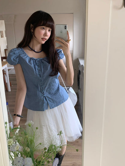 Pleated Puff Sleeve Blouse + Ruffled Hem Skirt Set