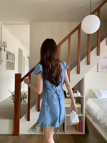 Pleated Puff Sleeve Blouse + Ruffled Hem Skirt Set