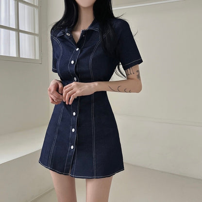 翻領單排扣明顯收腰牛仔連身裙