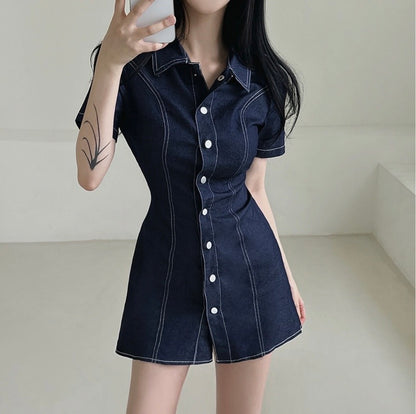 翻領單排扣明顯收腰牛仔連身裙