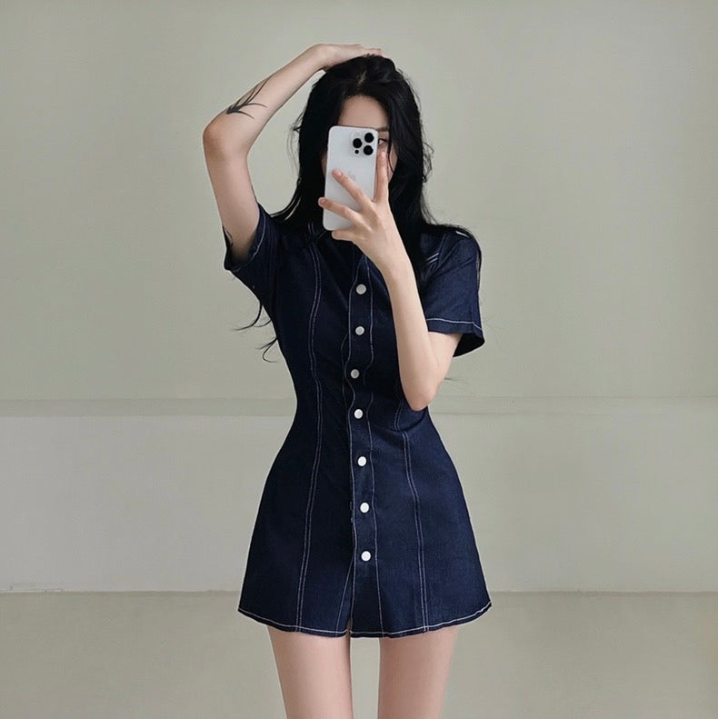 翻領單排扣明顯收腰牛仔連身裙
