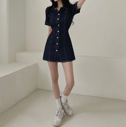 翻領單排扣明顯收腰牛仔連身裙