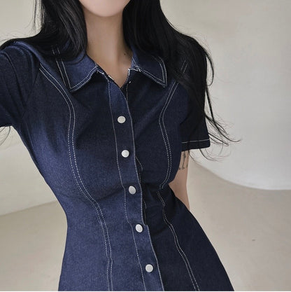 翻領單排扣明顯收腰牛仔連身裙