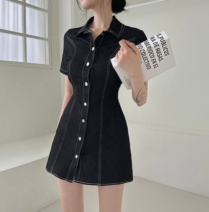 翻領單排扣明顯收腰牛仔連身裙