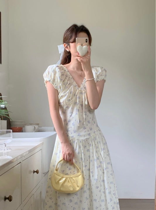 French Ruffle Tie Waist Floral Dress