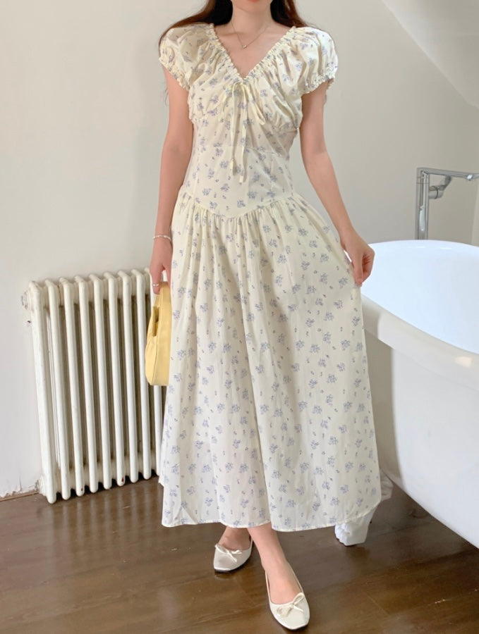 French Ruffle Tie Waist Floral Dress