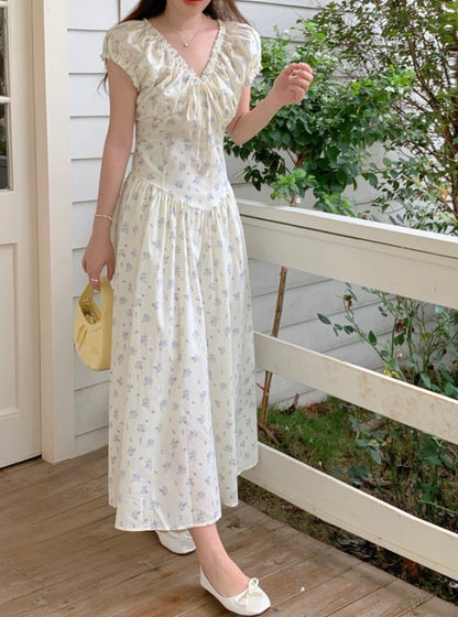 French Ruffle Tie Waist Floral Dress