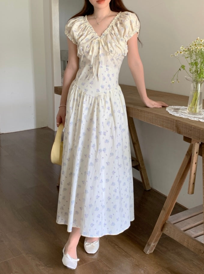 French Ruffle Tie Waist Floral Dress