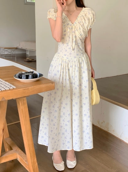 French Ruffle Tie Waist Floral Dress