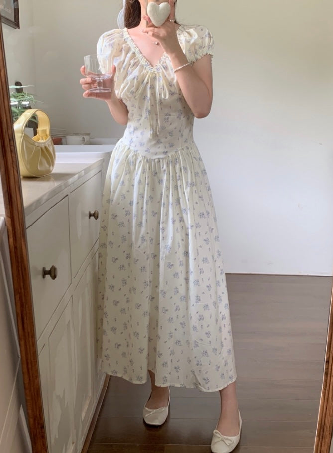 French Ruffle Tie Waist Floral Dress