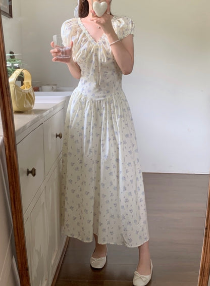 French Ruffle Tie Waist Floral Dress