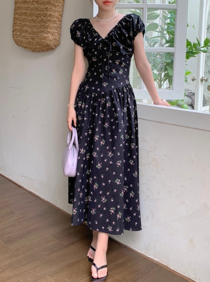 French Ruffle Tie Waist Floral Dress