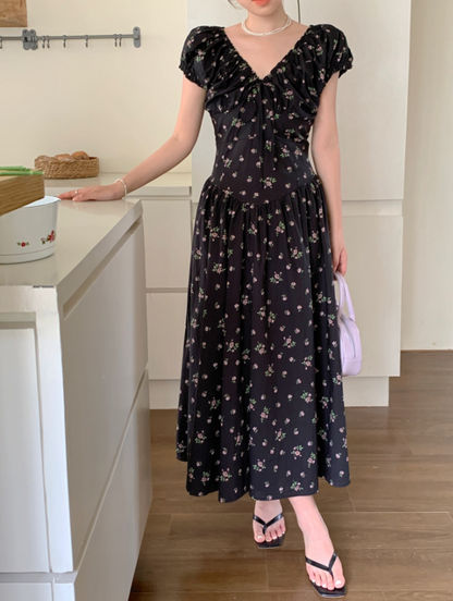 French Ruffle Tie Waist Floral Dress