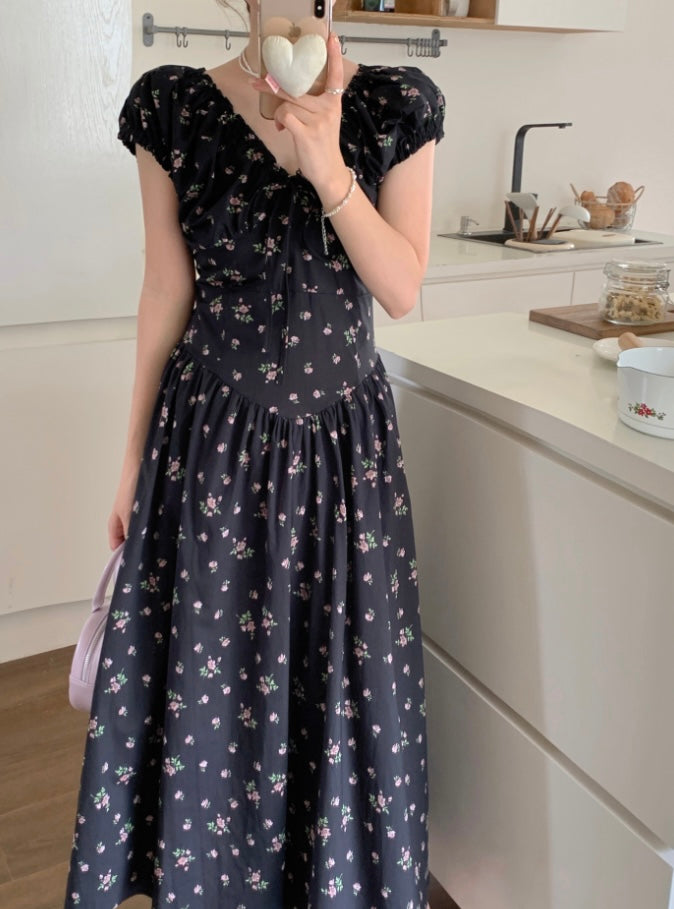 French Ruffle Tie Waist Floral Dress