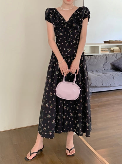 French Ruffle Tie Waist Floral Dress