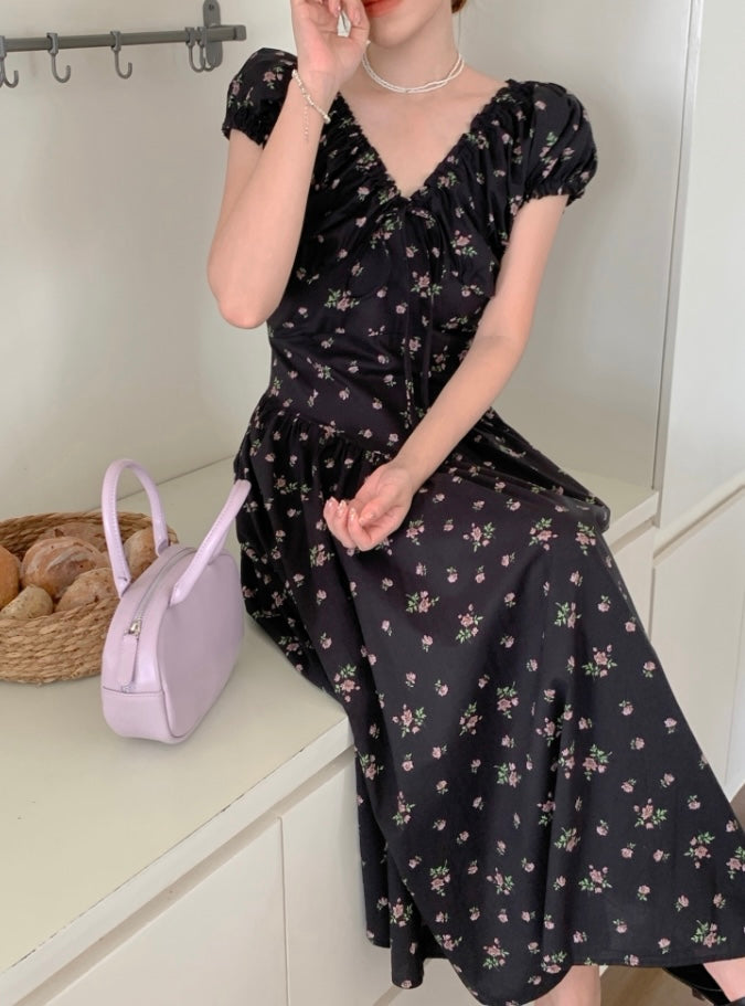 French Ruffle Tie Waist Floral Dress