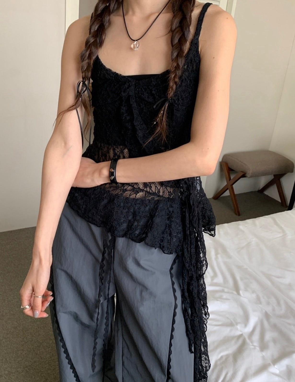 French-style Asymmetrical Lace Layered Camisole