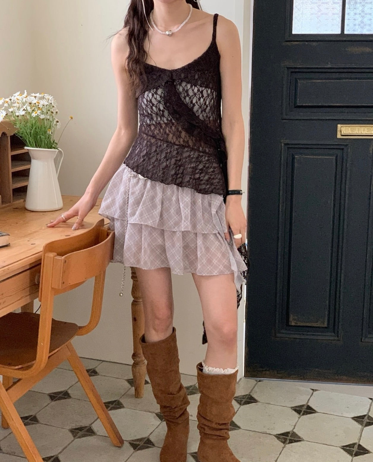 French-style Asymmetrical Lace Layered Camisole