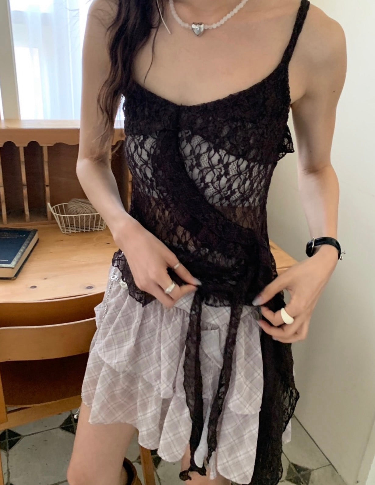 French-style Asymmetrical Lace Layered Camisole
