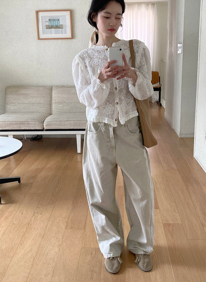 ラウンドネックレース刺繍ブラウス