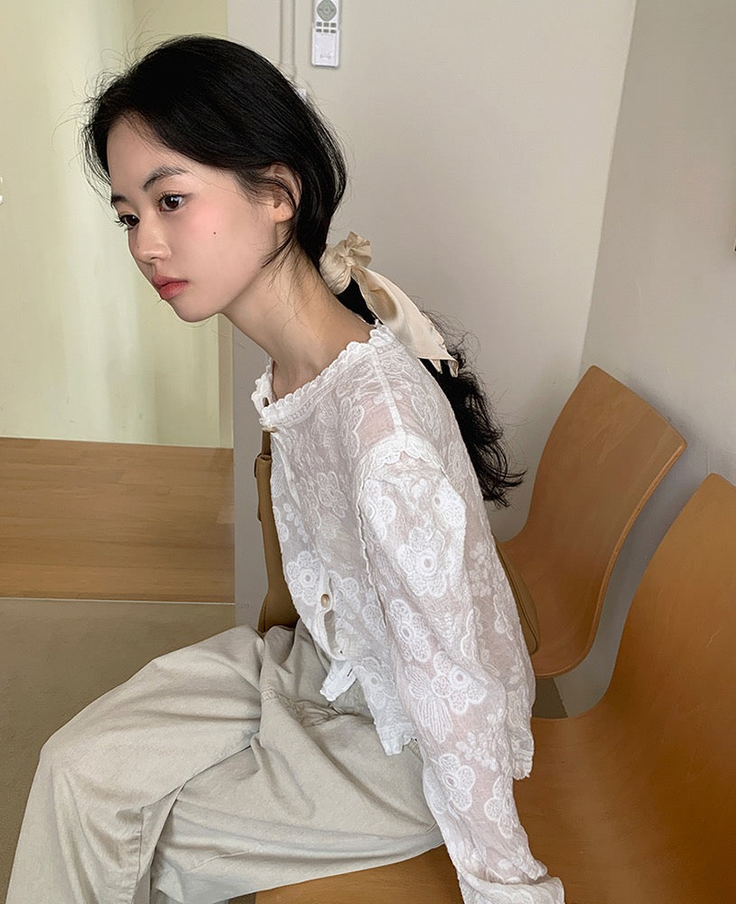 ラウンドネックレース刺繍ブラウス