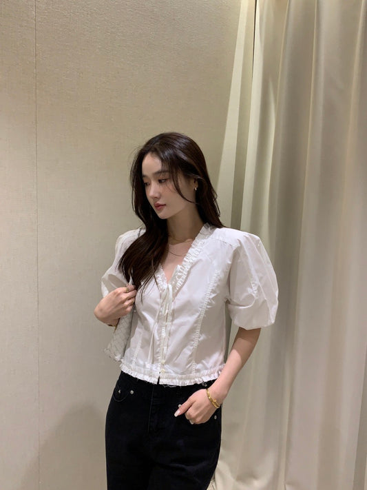 V領木耳邊短袖恤衫