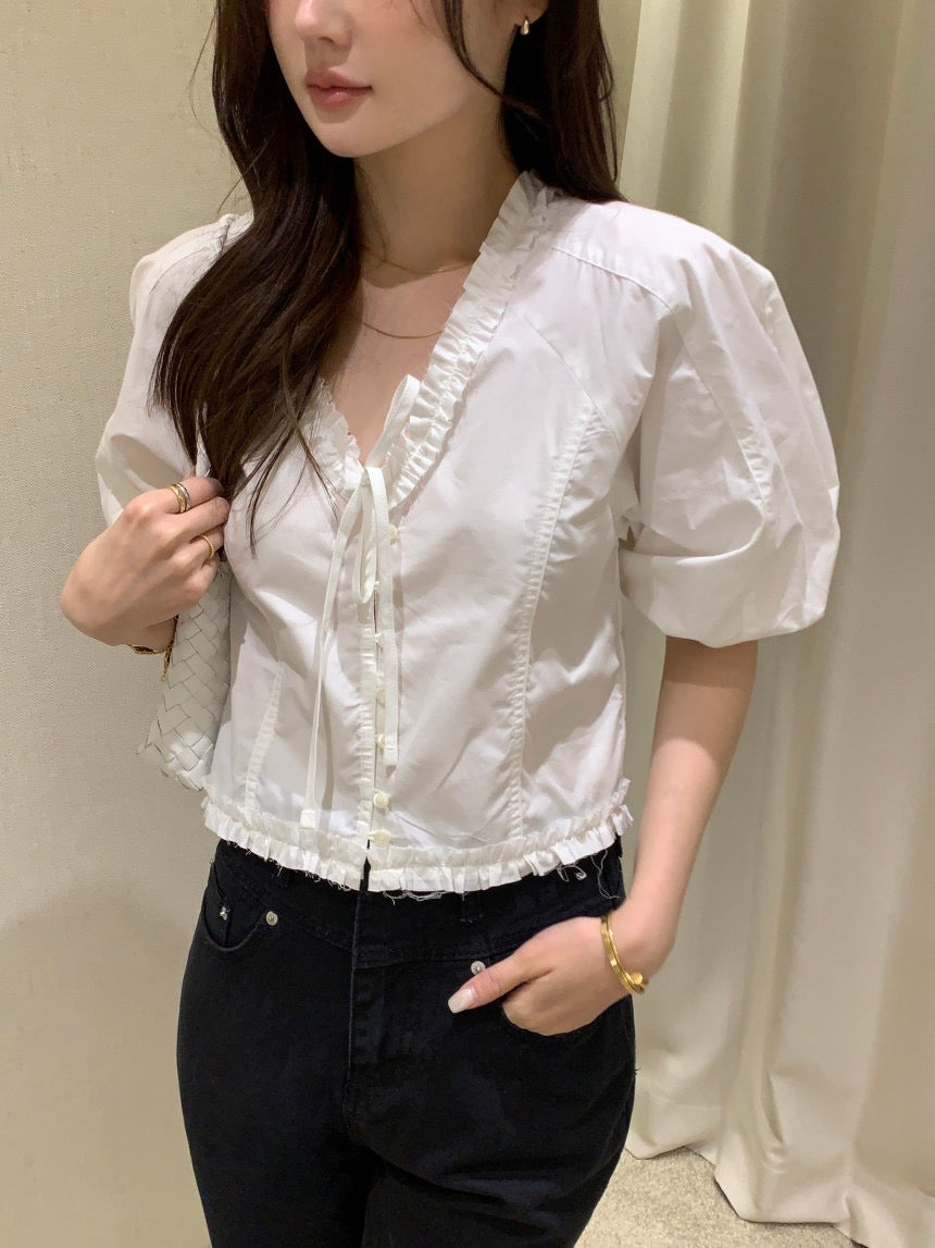 V領木耳邊短袖恤衫